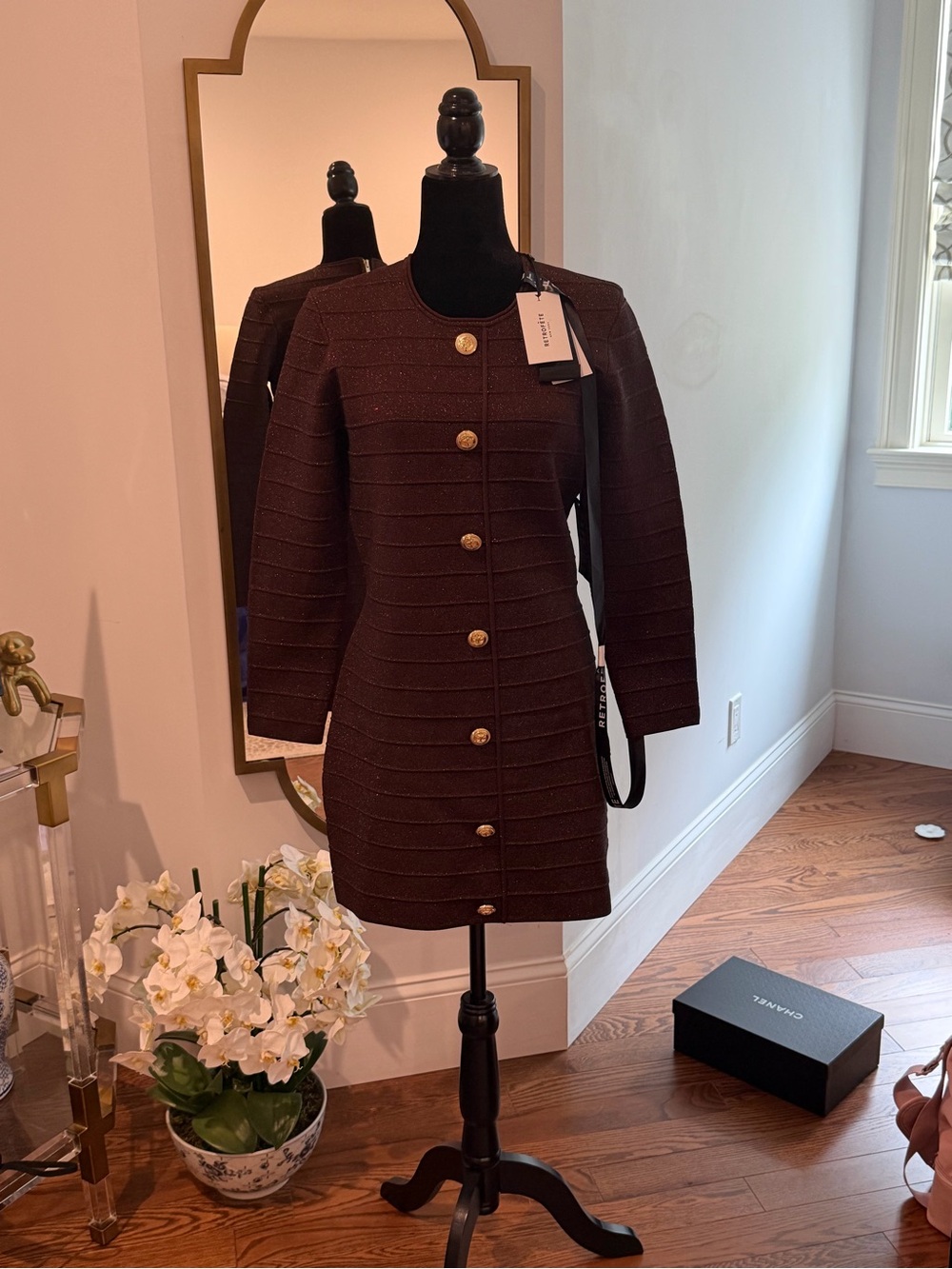 Retrofete Chocolate Brown Mini Dress with Gold Buttons